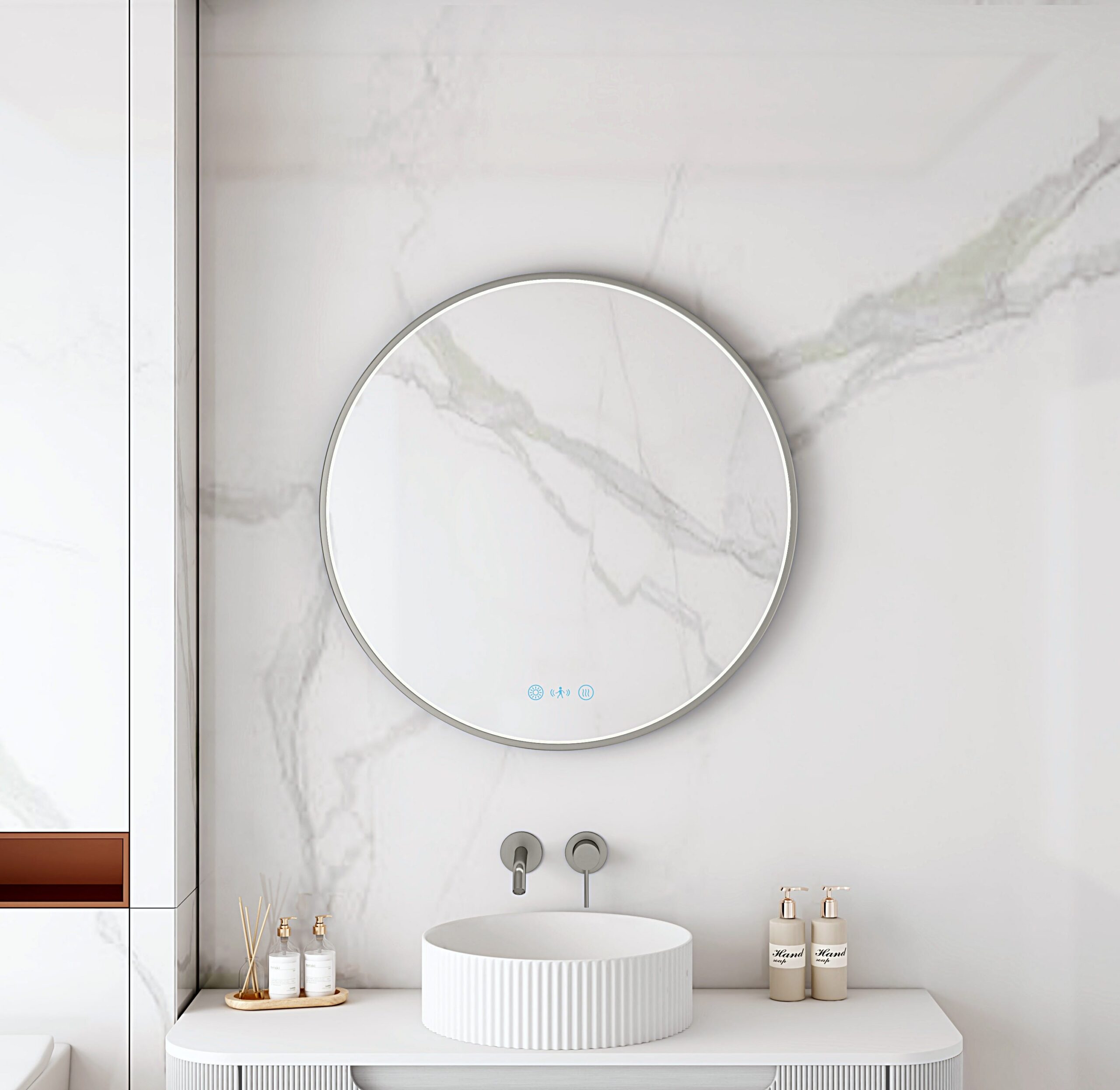 Maia 600/750/900mm LED Round Mirror – Gun Metal Frame